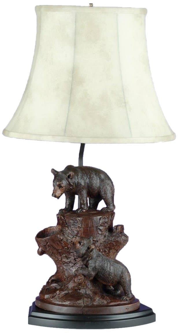 2-Bears on Tree Stump Lamp, Burlwood