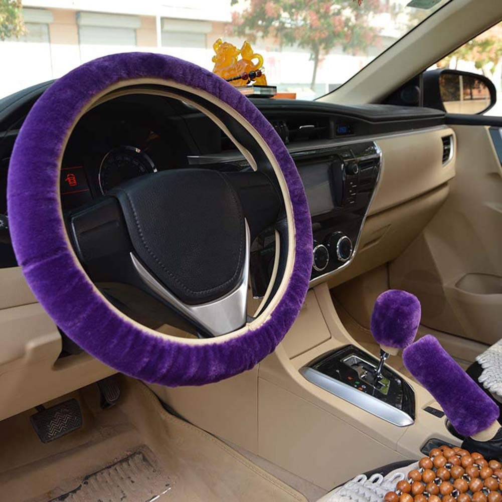 Augoog 3Pcs Winter Warm Plush Steering Wheel Cover Handbrake Cover Gear Shift Cover Car Accessory, Purple