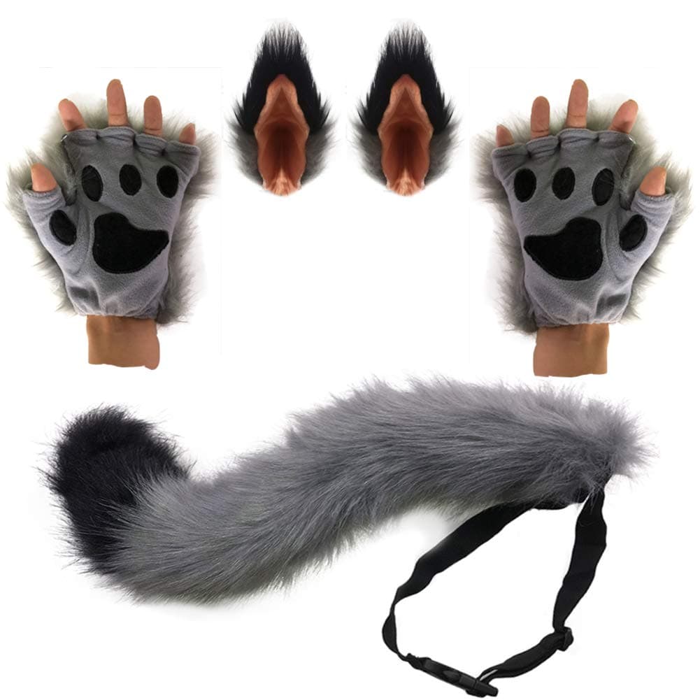 HAOAN Wolf Fox Tail Clip Ears and Gloves Set Halloween Christmas Fancy Party Costume Toys Gift for Women
