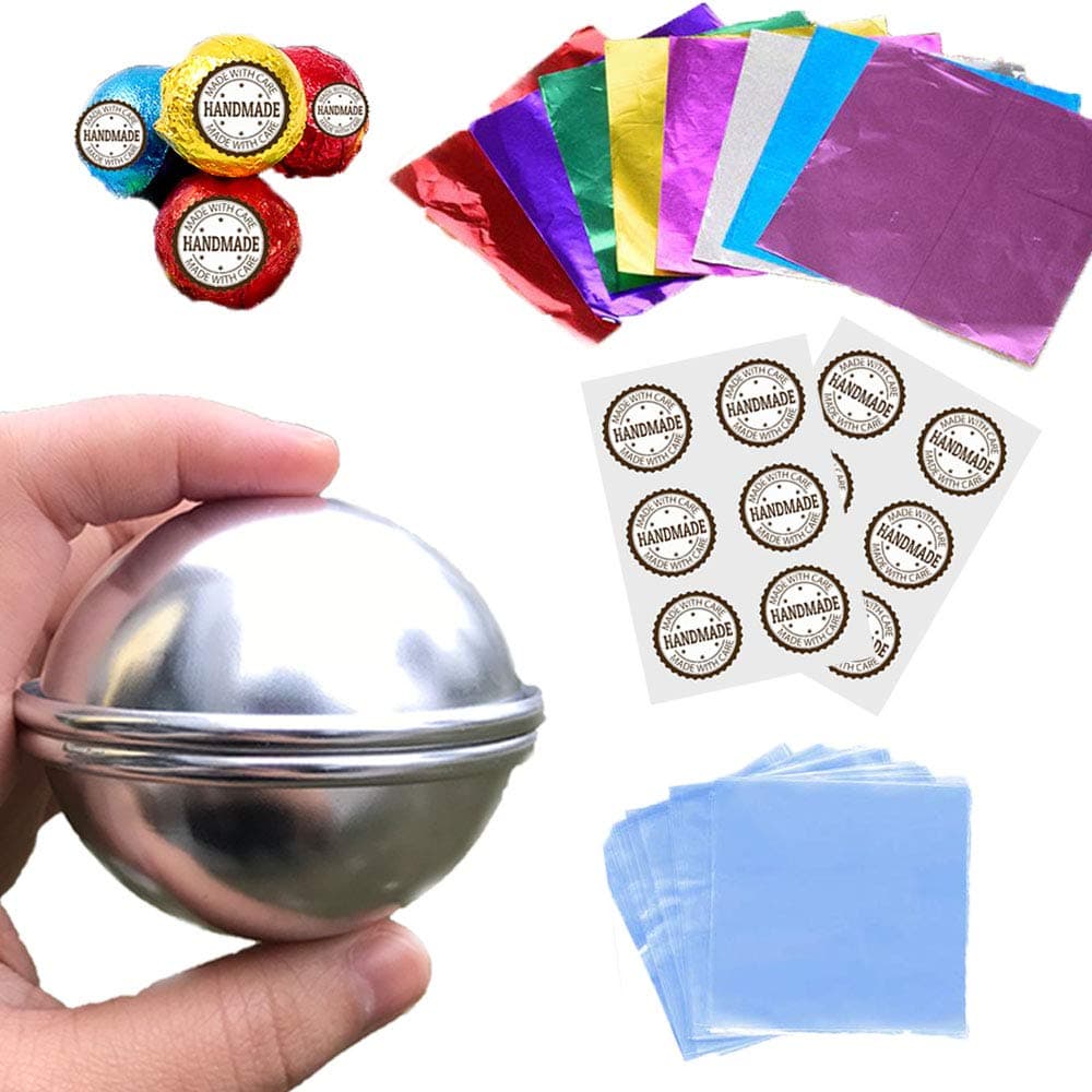 Bath Bomb Mold Large Size Set 58 pcs with 2.6 inches 6 Set 12 Pcs DIY Metal Homemade Round Sphere Molds Shrink Wrap Bags, Hand Made Stickers, Tin foil by LTLR (Color 1)