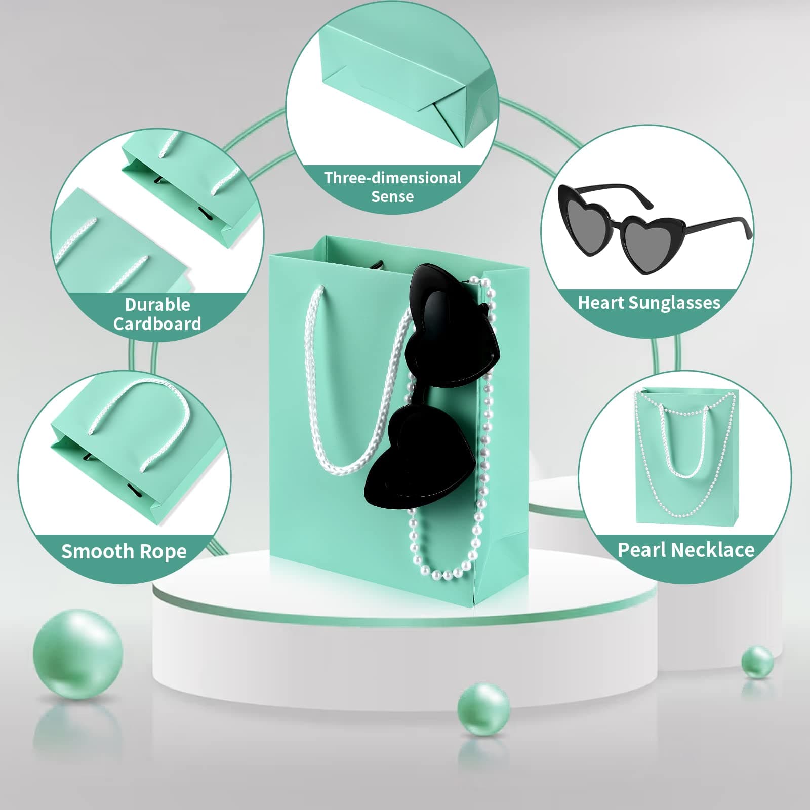 18 Pieces Teal Blue Party Favor Gift Bags Set 6 Pieces Teal Blue Merchandise Paper Gift Bags with Handles 6 Pieces Pearl Necklace 6 Pieces Retro Heart Sunglasses for Teal Blue Party Turquoise Party