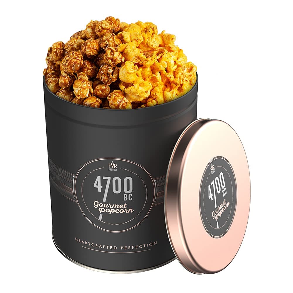 4700BC Pop Gala, Sweet & Spicy Popcorn Ensemble, Tin, 225g (Himalayan Salt Caramel & Hawaiian BarbequeCheese)