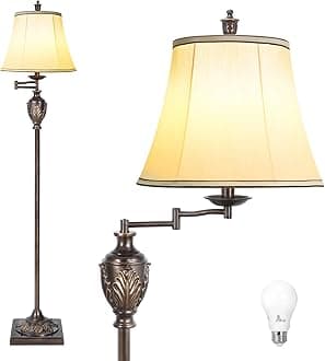 Traditional LED Floor Lamp with 350° Adjustable Swing Arm Lamp – Vintage Standing Pole lamp for Living Room, Bedroom and Office – Rustic Upright Floor Light for Home Décor with Faux Silk Fabric Shade