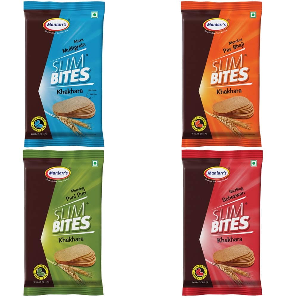 Maniaars hakhara Snacks Slim Bite Combo(Slizzling Schezwan, Flamming PaniPuri, Maxx Multigrain & Mumbai Pav Bhaji) Flavour hakhara Gujarati Cusine (Pack of 10)