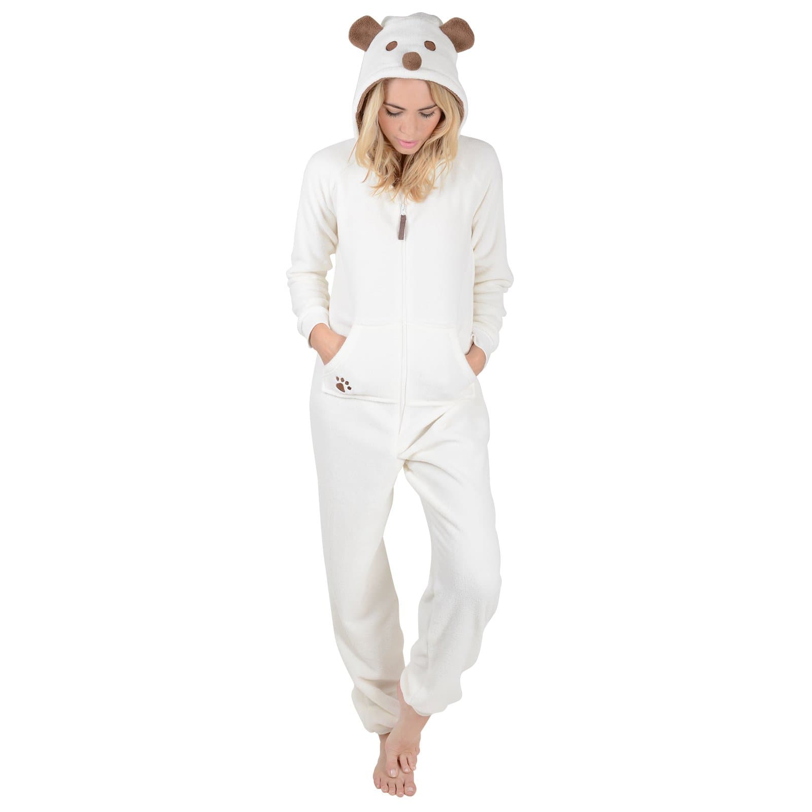 Ladies Puppy Dog Animal Fleece All In One PJs Sleepsuit Onesie Nightwear - L