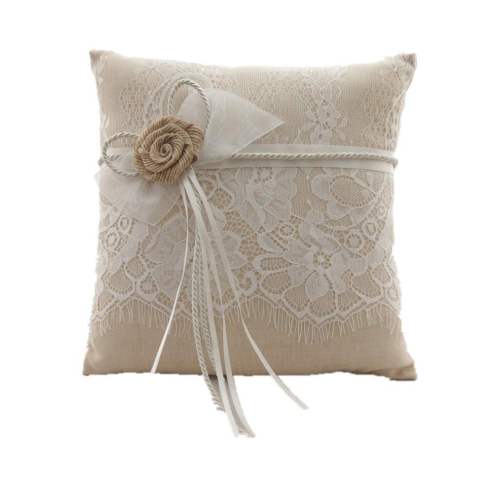 Vintage Rustic Burlap Lace Wedding Ring Pillow 8 inch x 8 inch Brown
