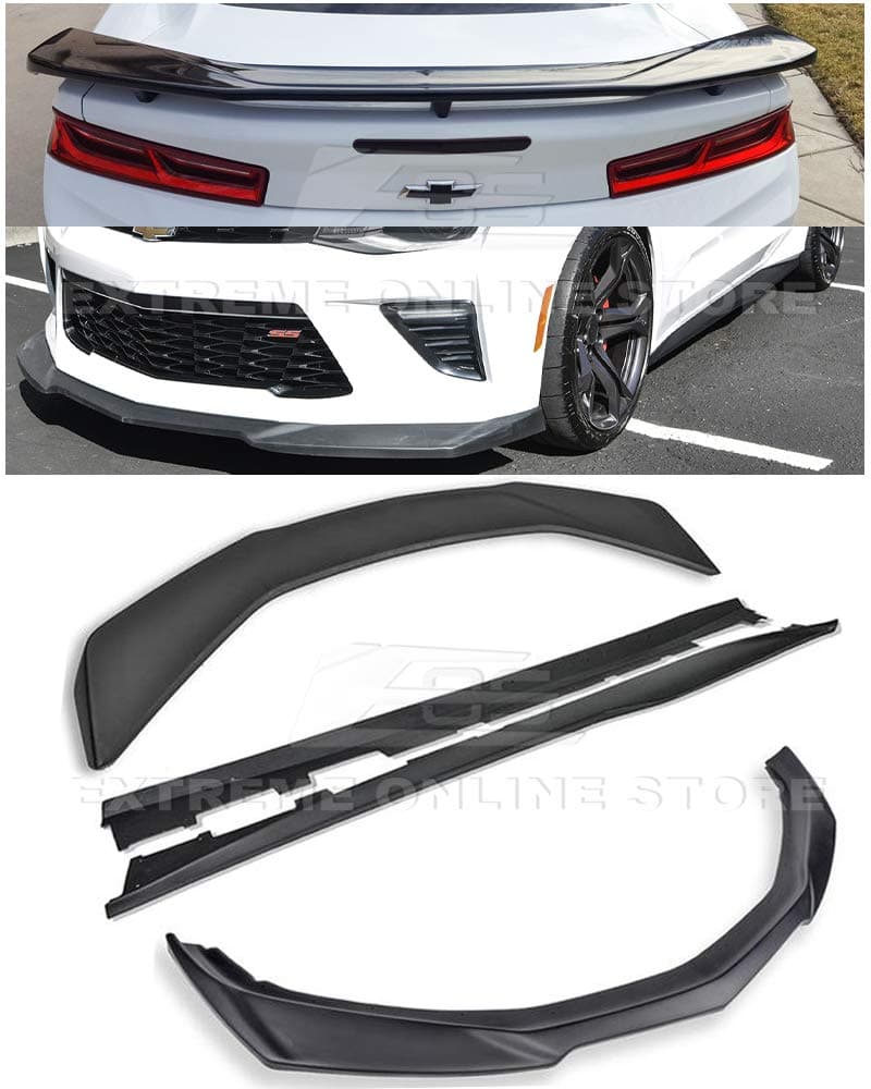 Replacement for 2016-Present Chevrolet Camaro SS | ZL1 Style ABS Plastic Matte Black Front Lip Splitter Side Skirts Rear Spoiler Full Body Conversion Combo Kit