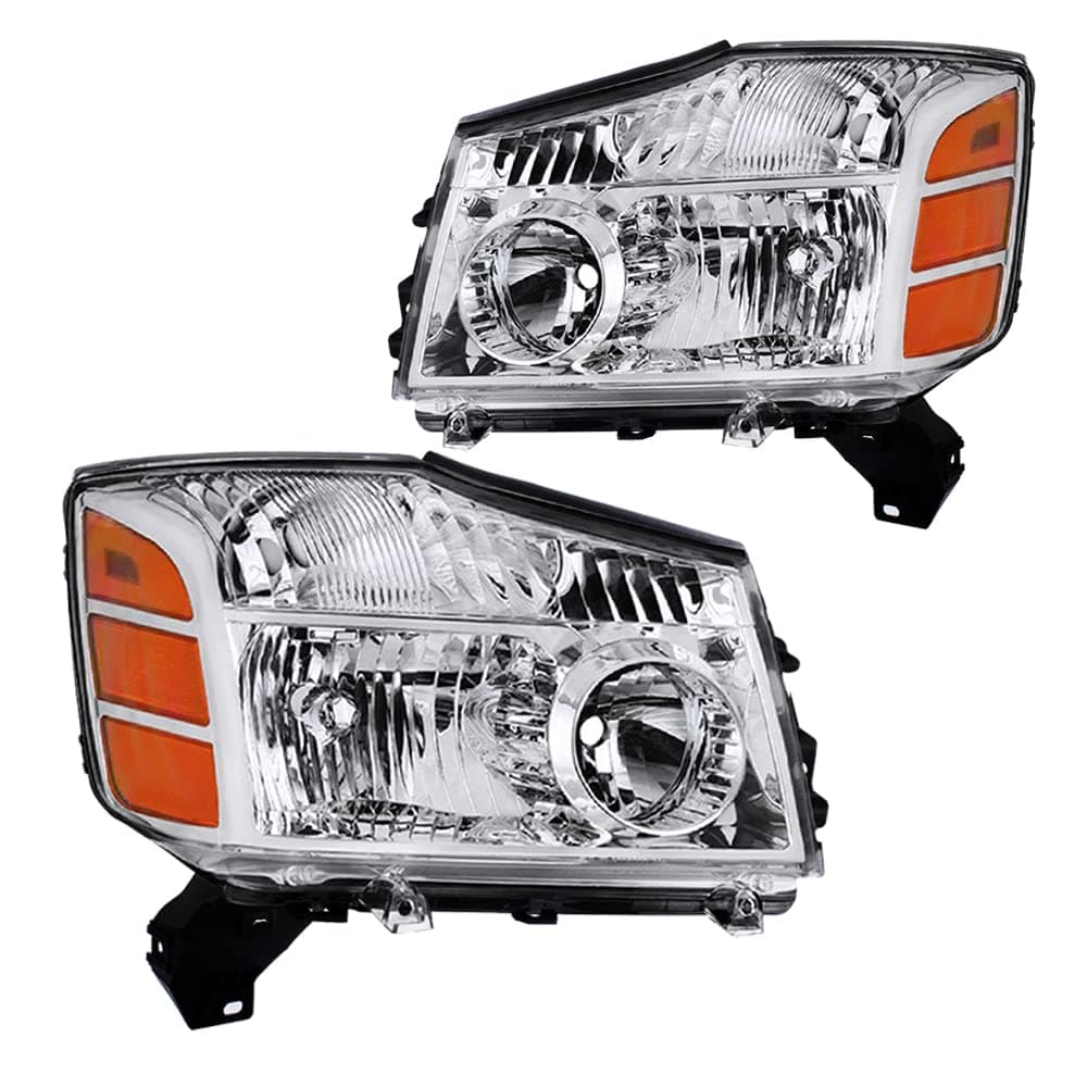 Compatible with 2004-2015 Nissan Titan / 2005-2007 Armada Headlight Assembly Halogen Headlamp Left and Right Side (Chrome)
