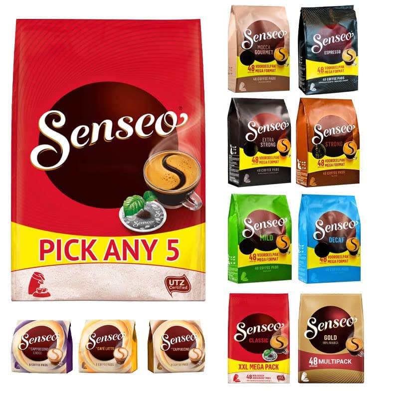 5 Senseo Coffee Packs - Pick Any 5 from 13 Blends Inc: Classic, Espresso, Strong, Extra Strong, Mocca, Mild, Decaf, Mug Size, Cappuccino, Latte and so Many More