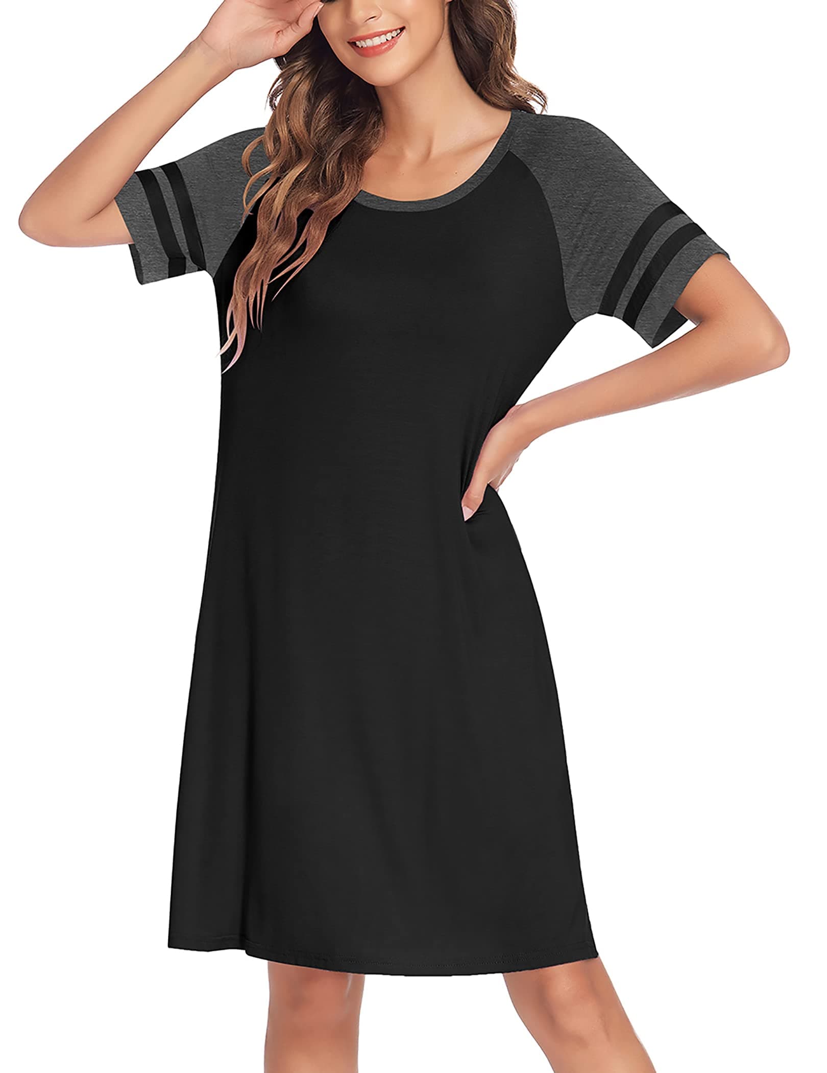 Hotouch Nightdress Womens Sleepwear Short Nightgowns Short Sleeve Sleepshirts Black S