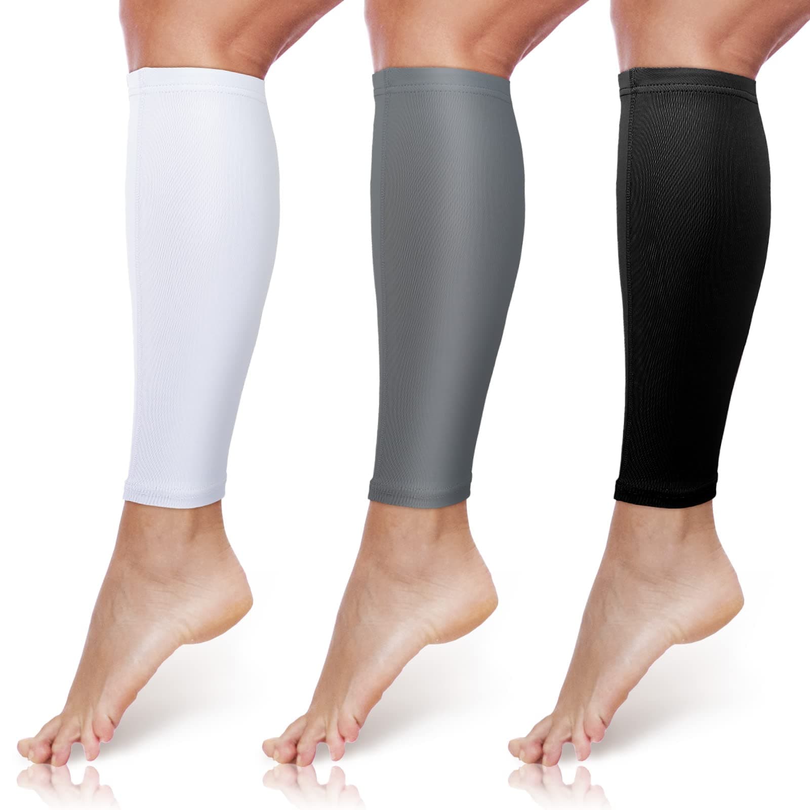 3 Pairs Calf Compression Sleeves for Men And Women Football Leg Sleeve Footless Compression Sock for Running Athlete Cycling (Black, White, Gray, Medium)