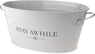 Twine Stay Awhile White Painted Galvanized Ice Bucket & Metal Tub - Beverage Ice Barrel Tub for Parties in 6.3-Gallon Capacity