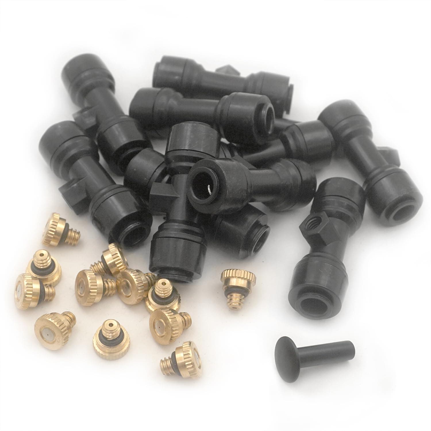 Zeqeey0.3 mm 10/24 UNC Brass Misting Nozzles Replacement Connector Kit with End Plug for Garden Outdoor 1/4 Inch Cooling System Tubing, 0.012 Inch Orifice