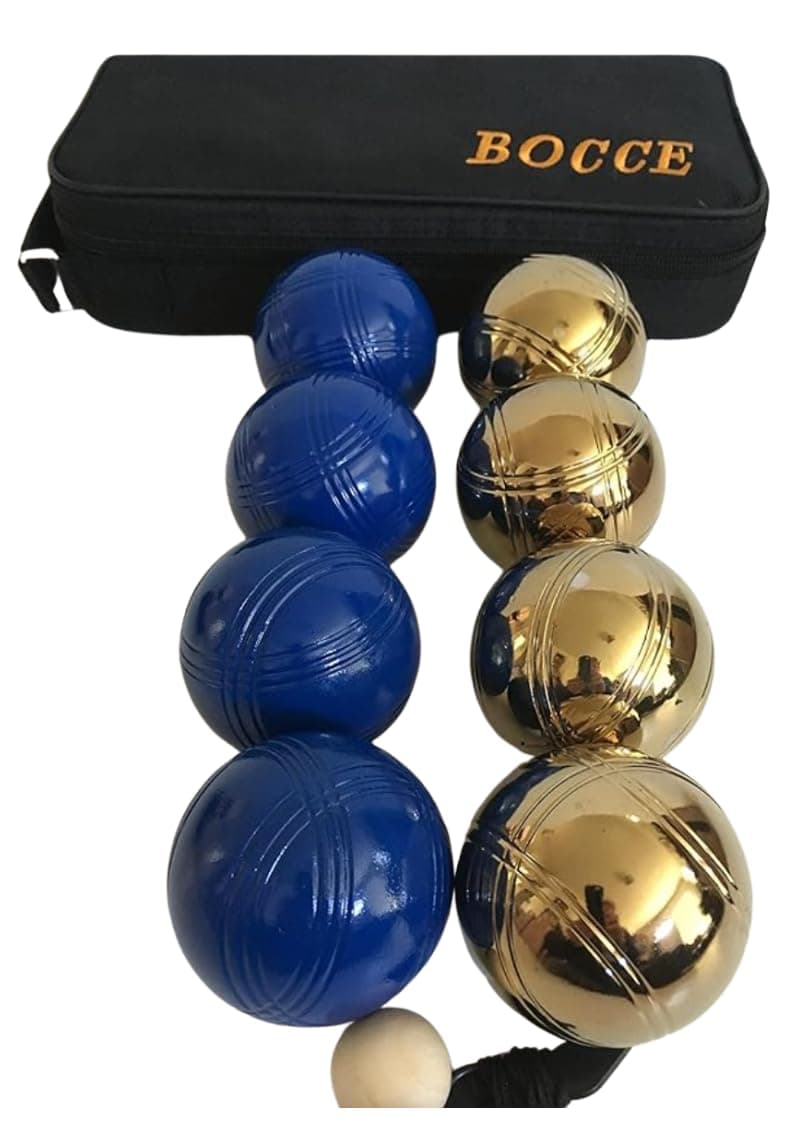 BuyBocceBalls Listing - 73mm Metal Bocce/Petanque 8 Ball Set with 4 Blue and 4 Gold Balls and Black Bag