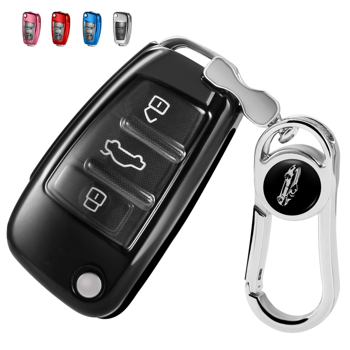 RYE Tpu Silicone Bling Car Key Fob Cover for Audi，3 Button Car Key Protective Case with Keychain, Suitable for Audi A3/A1/S1/S3/RS3/A4/S4/RS4/A6/S6/RS6/Q3/RS/Q7/R8/TT/TTS/TTRS-Black