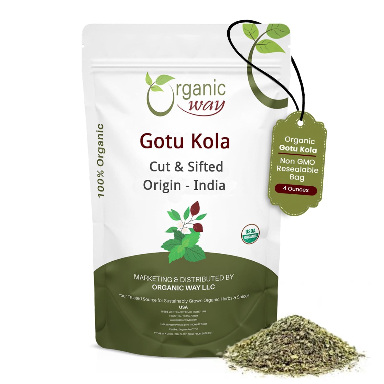 Organic Way Dried Gotu Kola Cut & Sifted (Centella asiatica) - Kosher & USDA Certified | Vegan, Non-GMO & Gluten Free | Tested for Heavy Metal | Resealable Bag | 100% Raw from India (1/4LBS / 4Oz.)
