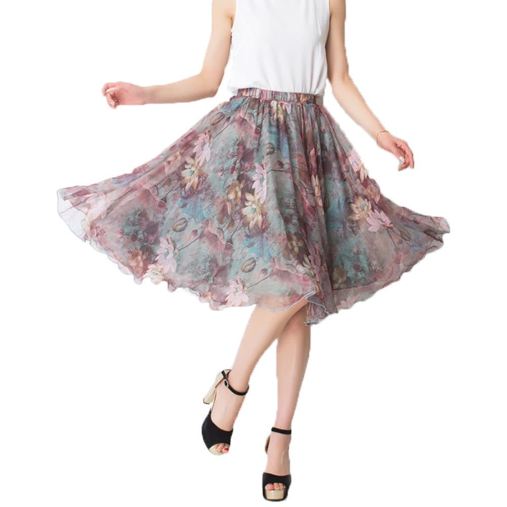 MINGXIN Women's Floral Elastic Waist Printed Chiffon Pleated Skater Knee-Length Skirt Multi5
