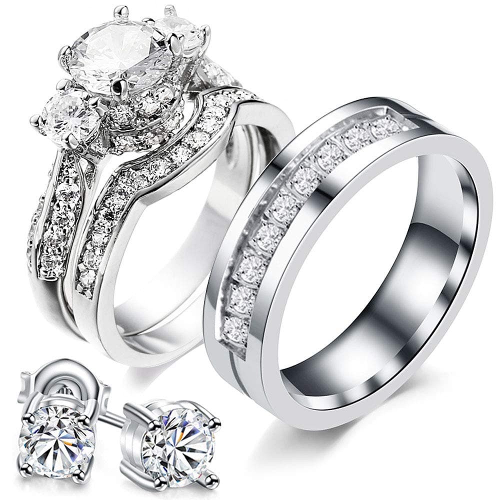 XAHH His and Hers Couples Matching Rings Women's 2pc White Gold Filled Round CZ Engagement Wedding Ring Bridal Sets & Men's 316L Stainless Steel Wedding Band