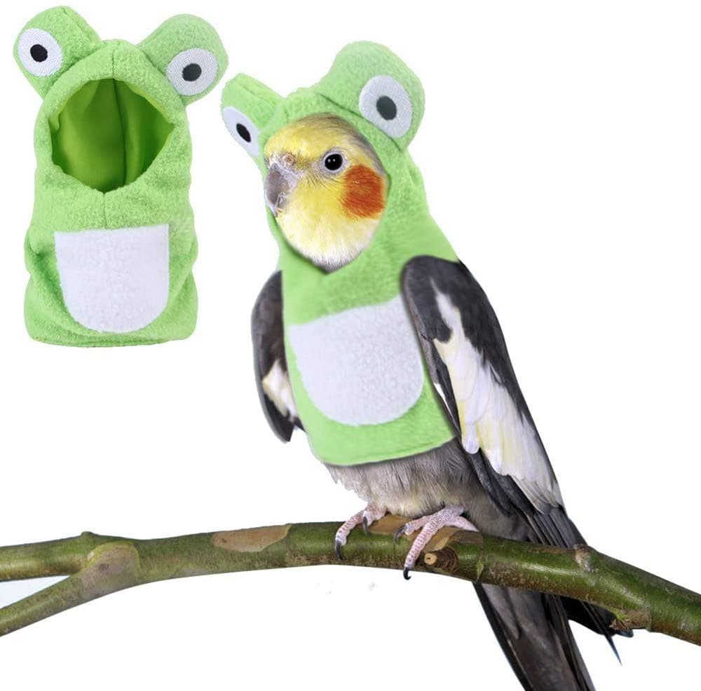 HAICHEN TEC Bird Costume Bird Diaper Flight Suit Frog Shape Hoodie Bird Clothes Cosplay Photo Prop for Parrots African Greys Parakeet Cockatiel Sun Conure, Bird Hoodie Small Animals Apparel (S)