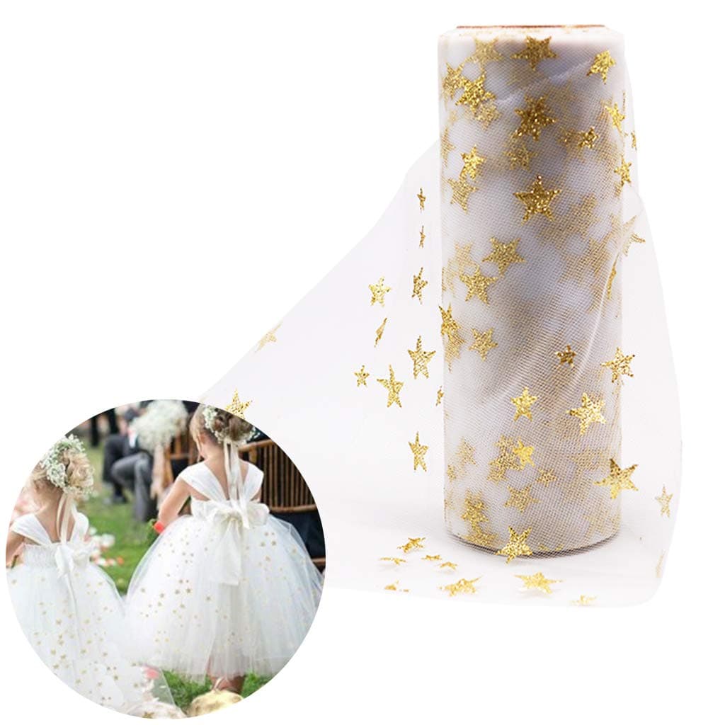 DreamJ 6" x 10 Yards Sparkling Tulle Roll, DIY Craft Wedding Party Gift Bow Craft Sequin Fabric Spool Tutu Party Banquet Decor Gift Wrap (White-Star Goldďź