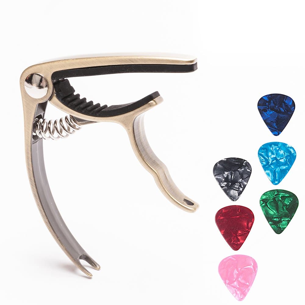 Guitar Capo with 6 Free Picks for Ukulele Acoustic and Electric Guitars, Quick Change Ukulele & Banjo Capos(Gold)