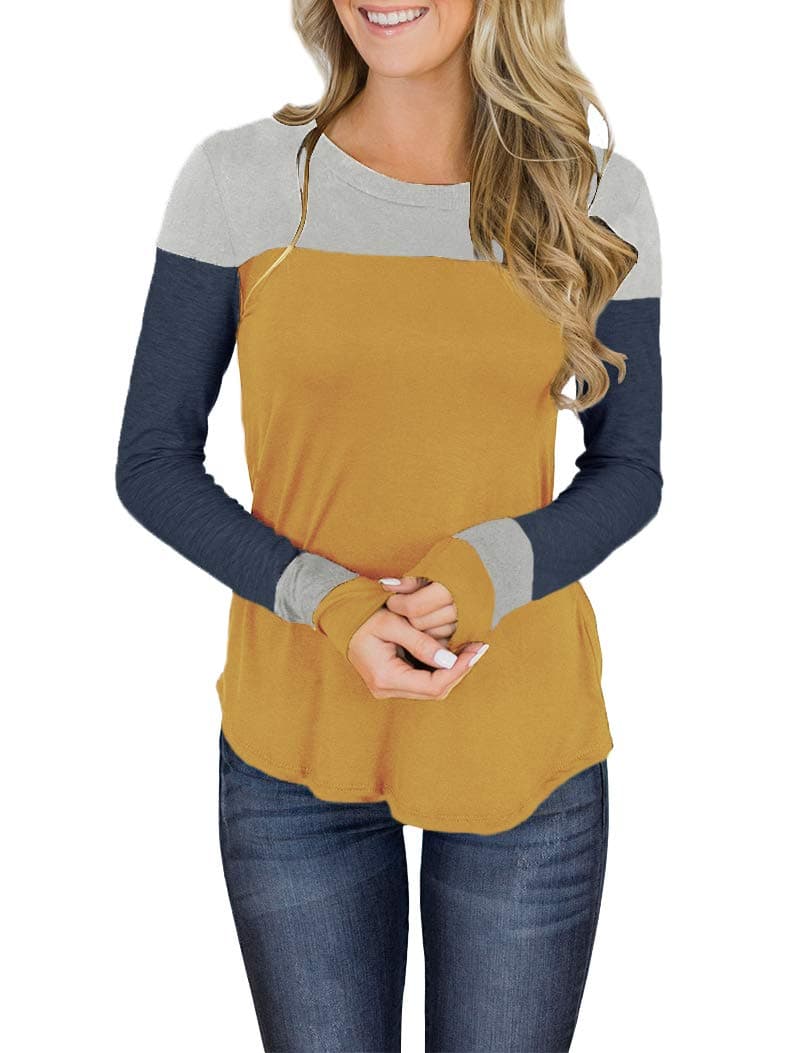 Women's Long Sleeve Crew Neck Cute Tunic Color Block Tops