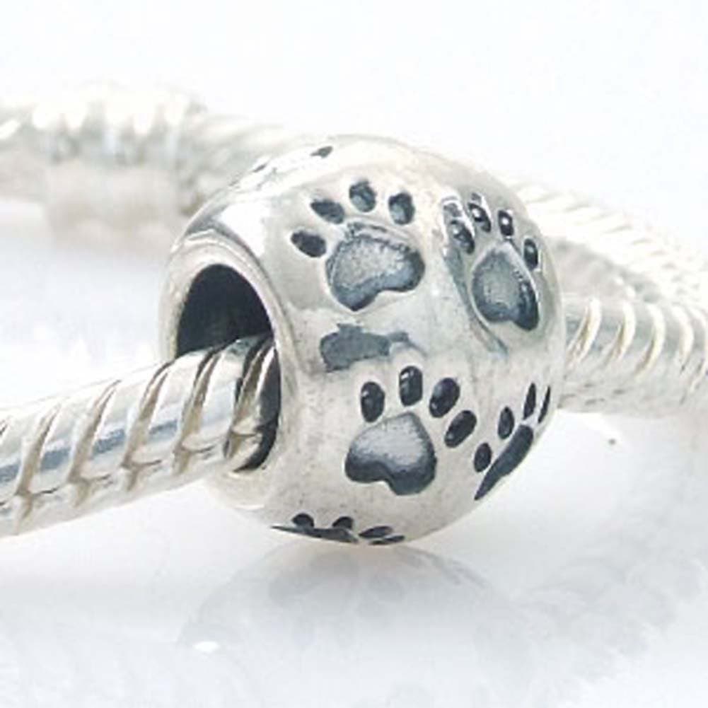 Dog Paw Print Heart Charm 925 Sterling Silver Animal Pet Bead for Bracelet (B)