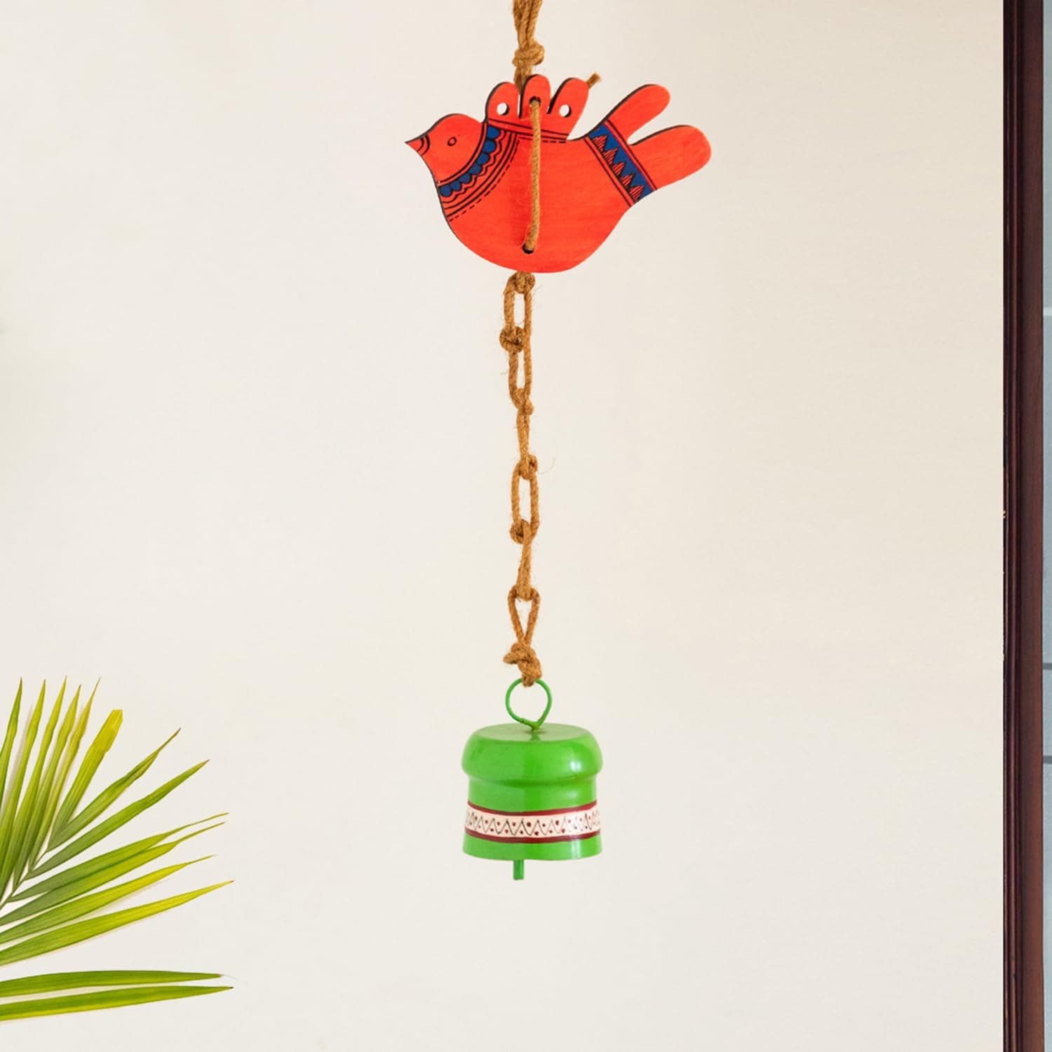 ExclusiveLane 'Flappy Bird' Wind Chime for Home Balcony (Wood & Metal, Orange & Green) | Handpainted Decorative Hanging Wind Chime for Bedroom Hanging Decoration Items