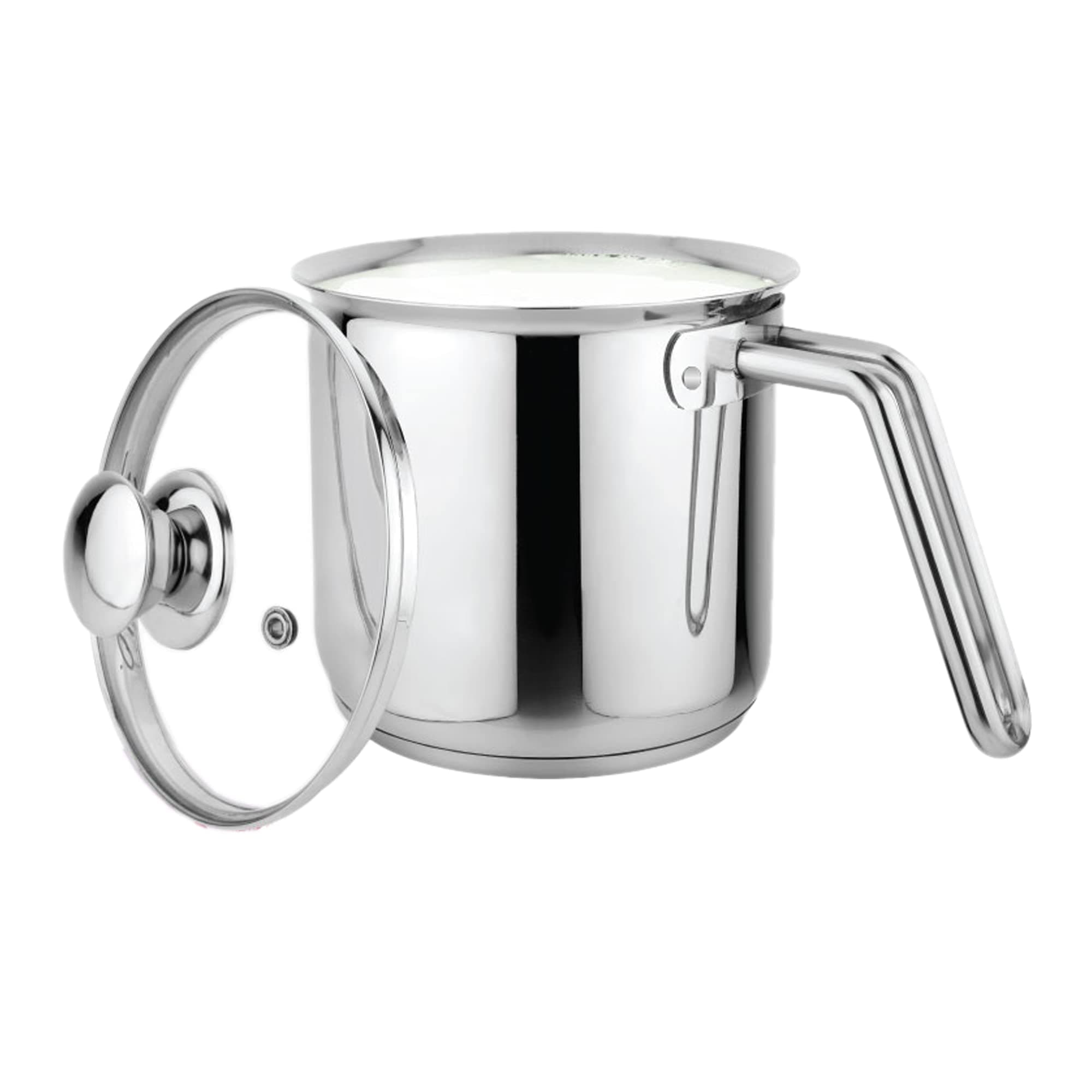 Prabha Stainless Steel Milk Pot with Handle 14cm .18 Litre | Milk Boiler Glass Lid Steam Vent | Kitchen Tea Container Water Boiling | Coffee/Milk Warmer, Even & Faster Heating | Induction & Gas Stove
