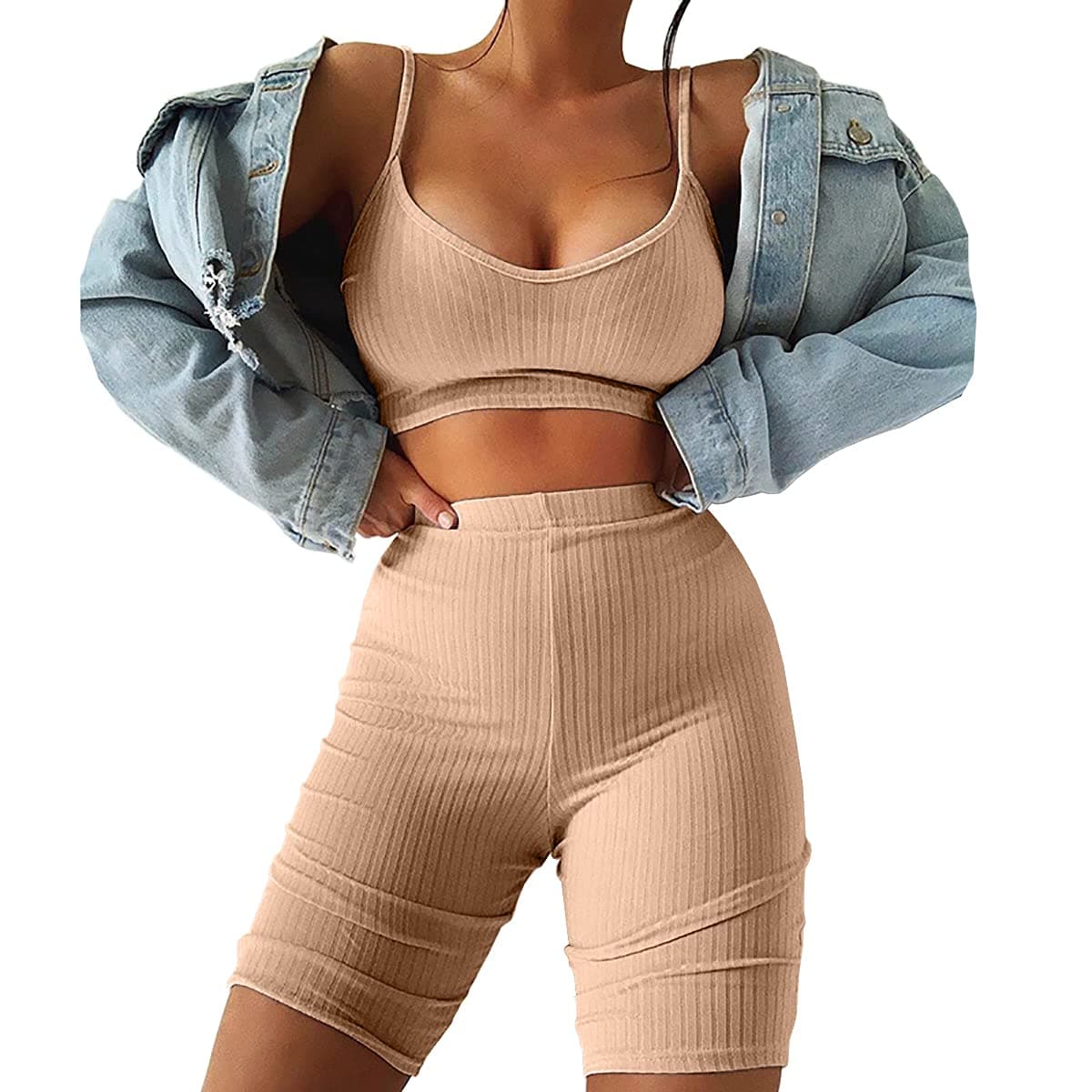 Nhicdns Womens 2 Piece Summer Outfits Sexy Ribbed Shorts and Crop Tops Tracksuits Sets