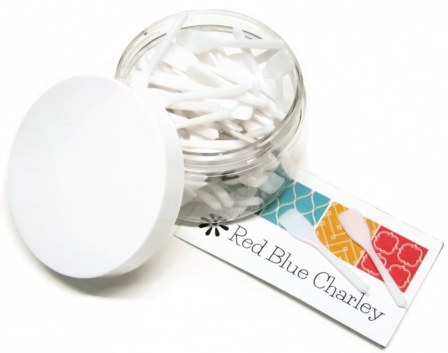 100 White Mini Oar Plastic Cosmetic Spatulas with Container