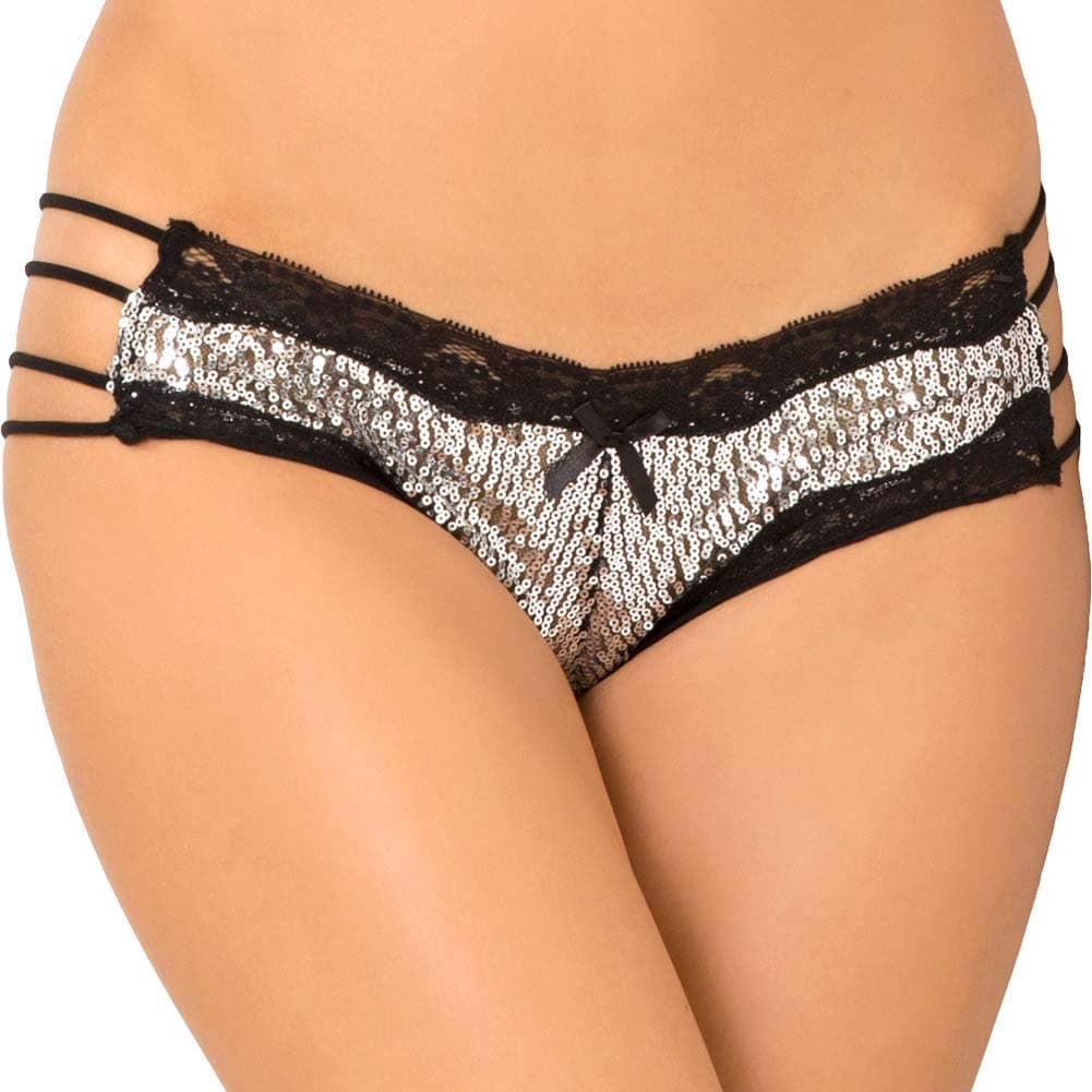 Show Girl Strappy Lace Tanga with Silver Sequins Front, Black, Medium