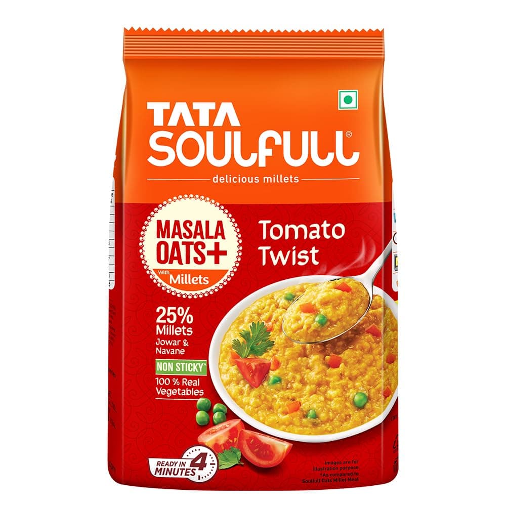 Tata Soulfull Masala Oats+ With Millets, Tomato Twist, 500g, Real Vegetables, 25% Millets, Non Sticky, Evening Snack, Healthy Snack