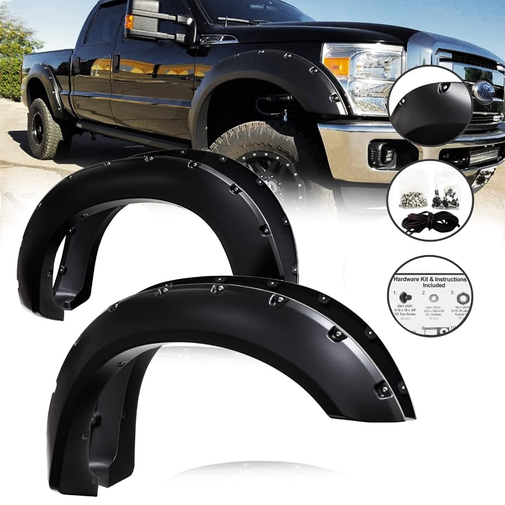 ProTuningLab Fender Flares for Ford F250 F350 Super Duty 2011-2016 Smooth Black Finish, Pocket Riveted Style, Set of 4