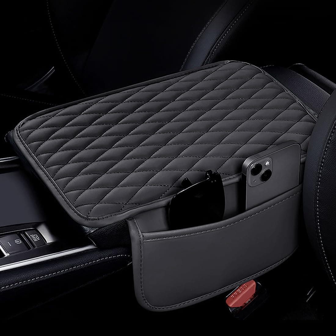 Qimei Car Armrest Cover Center Console Cushion Lid Handrail Box Pad Soft PU Leather + Bling Crown Decoration Cushion (A - Black)