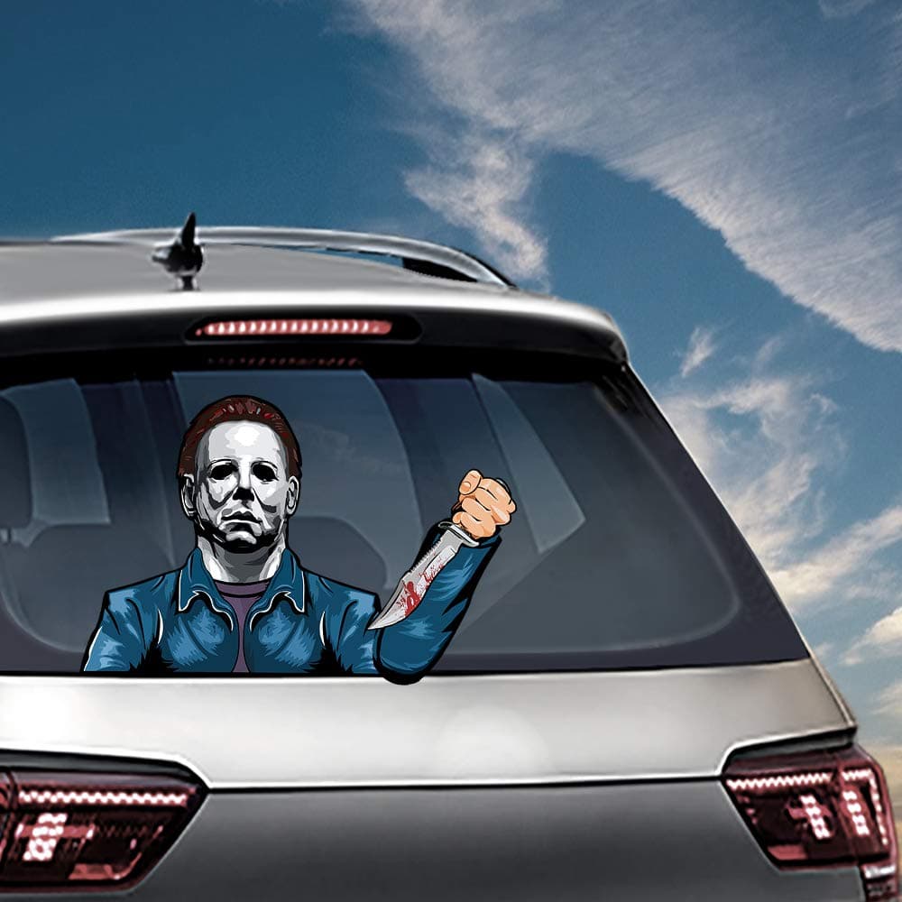Rear Window Wiper Decal Halloween Masked Killer Michael Myers Waving Wiper Sticker 3D Funny Vinyl Bumper Windshield Sticker Waterproof Car Wiper Decal for Rear Wiper Vehicle Tags Decor