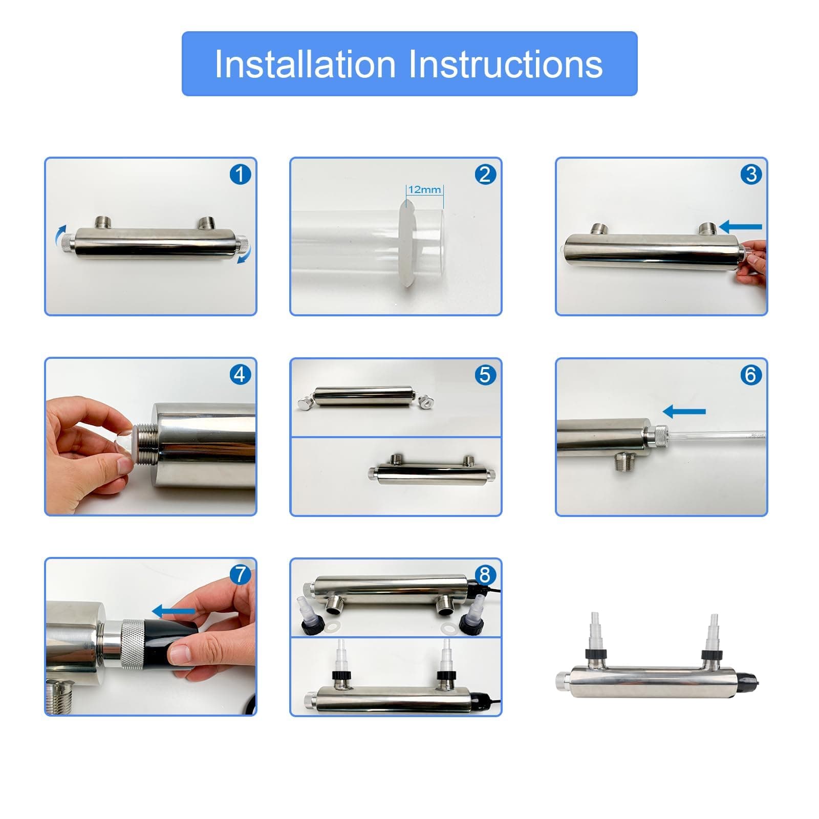 coospider-repta 24W Inline UV Light for Aquarium 75 Gallon / 200 Gallon Cold Plunge UV Light for Drinking Water, Fish Tank UV Purifier for Pond Algae Management