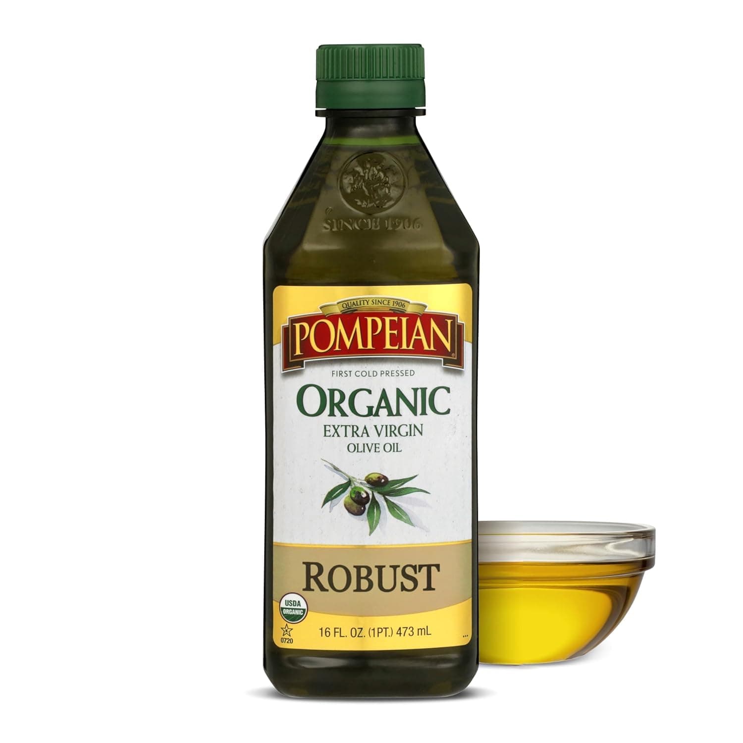 Pompeian USDA Organic Robust Extra Virgin Olive Oil, Contains Polyphenols, First Cold Pressed, Full-Bodied Flavor, Perfect for Salad Dressings & Marinades, 16 FL. OZ