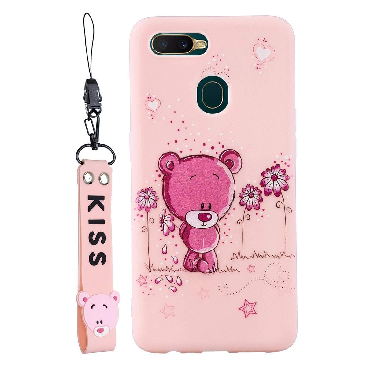 SHUNDA Oppo F9 Case, Slim Cartoon Silicone Case with Lanyard Shockproof Protective Cover for Oppo F9/Oppo F9 Pro - Pink Bear