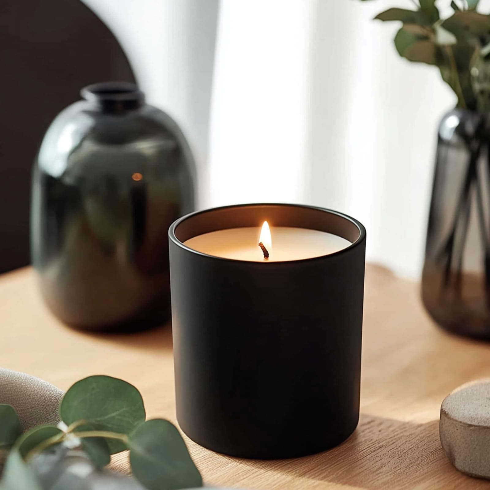 15 Pack Glass Candle Jars- 7 fl.oz Matt Black Empty Candle Jars with Bamboo Lids and Sticky Labels, Bulk Candle Containers for Making Candles for Halloween