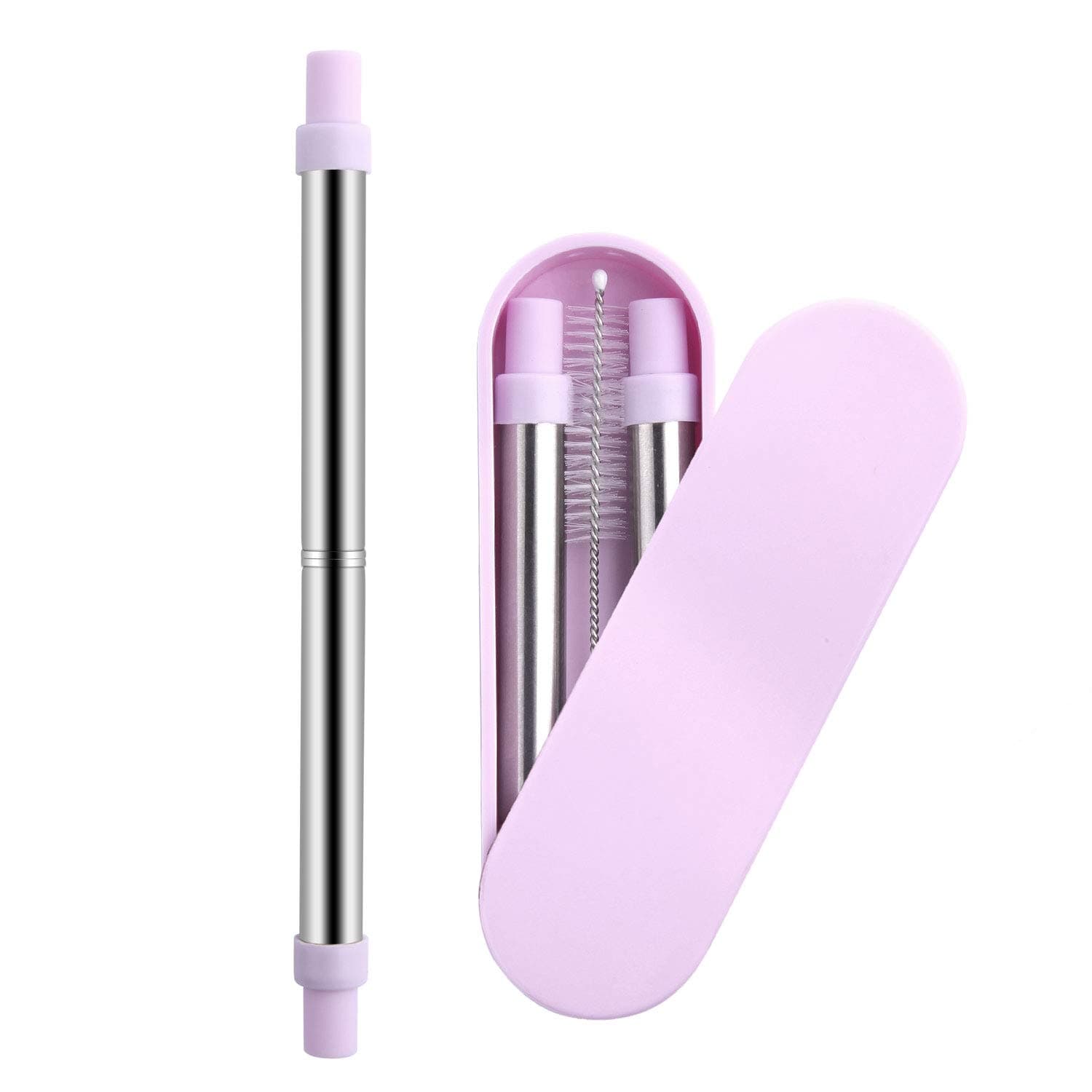 Yassk Reusable Straws 9 inch Telescopic Drinking Stainless Steel Metal Straws with Sliding Case & Cleaning Brush (Violet)