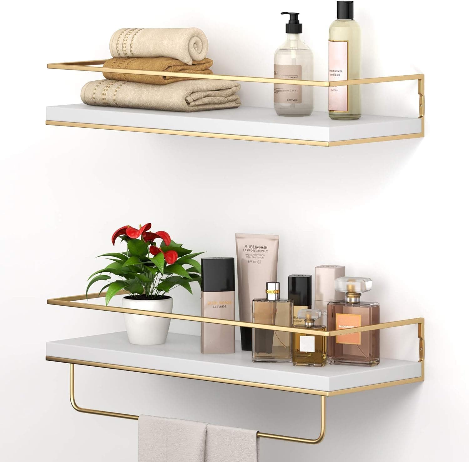 Shario White Floating Shelves - Set of 2, Wall Mounted Hanging Shelves with Golden Towel Rack, Decorative Storage Shelves for Bathroom, Kitchen, Living Room & Bedroom (White Gold, 15.7 Inches)