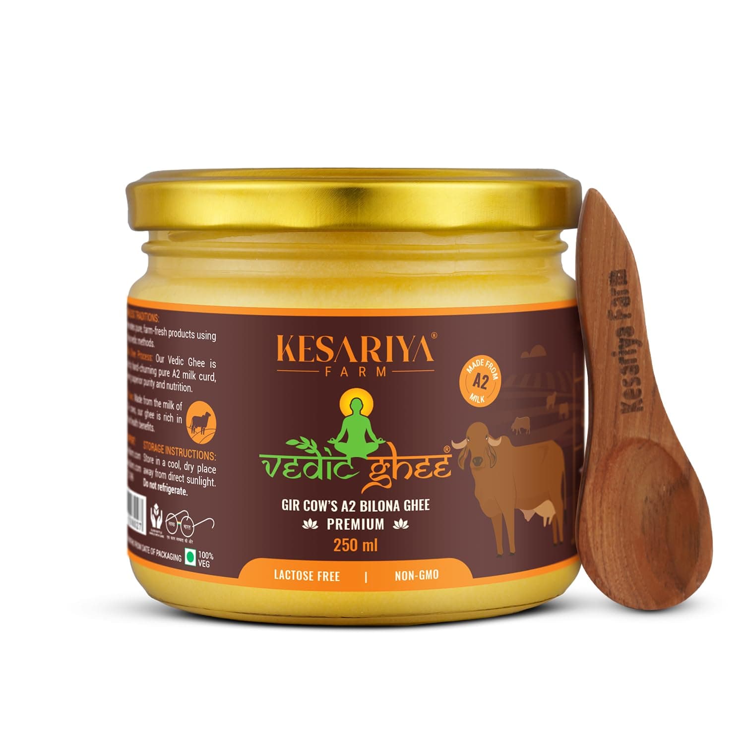 Premium A2 Gir Cow Cultured Ghee from Kesariya Farm, Vedic Bilona Two Way Hand Churned, Indian Gir Cow Ghee Pure A2 Ghee Natural & Healthy Non-GMO, Lab Certified (250ml)