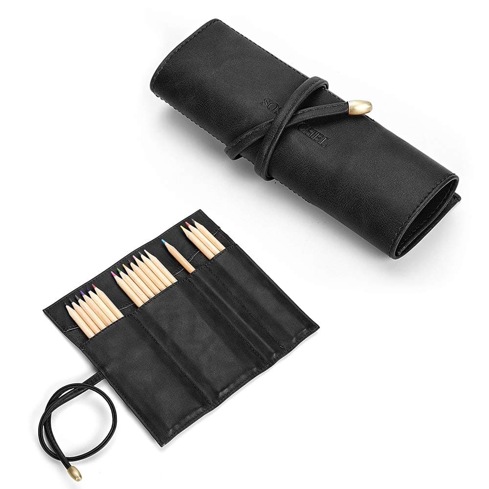 PU Leather Rollup Pen Bag Pencil Case Storage Pouch Organizer, Black