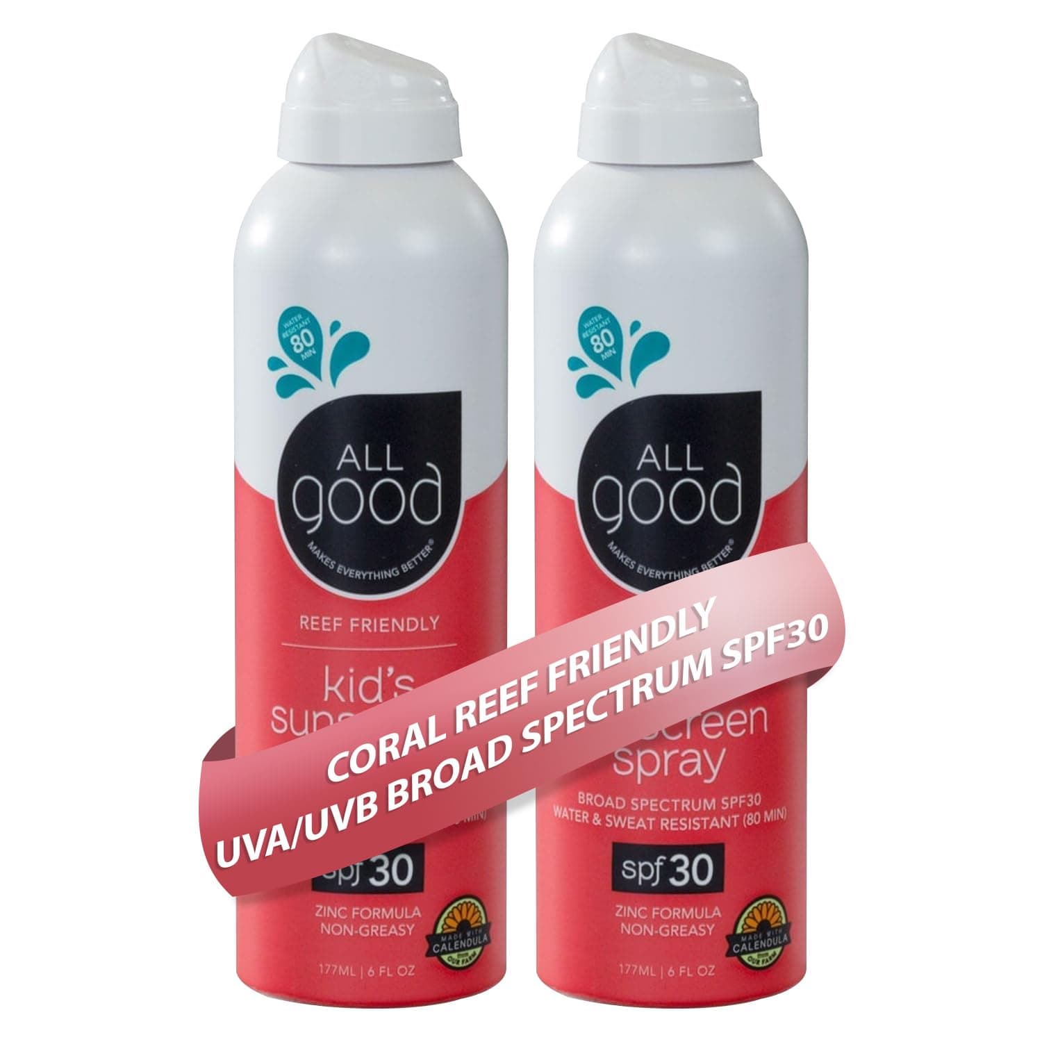 All Good Baby & Kids Sunscreen Spray - UVA/UVB Broad Spectrum, SPF 30, Zinc Oxide, Coral Reef Friendly, Water Resistant, Calendula, Aloe (6 oz)(2-Pack)