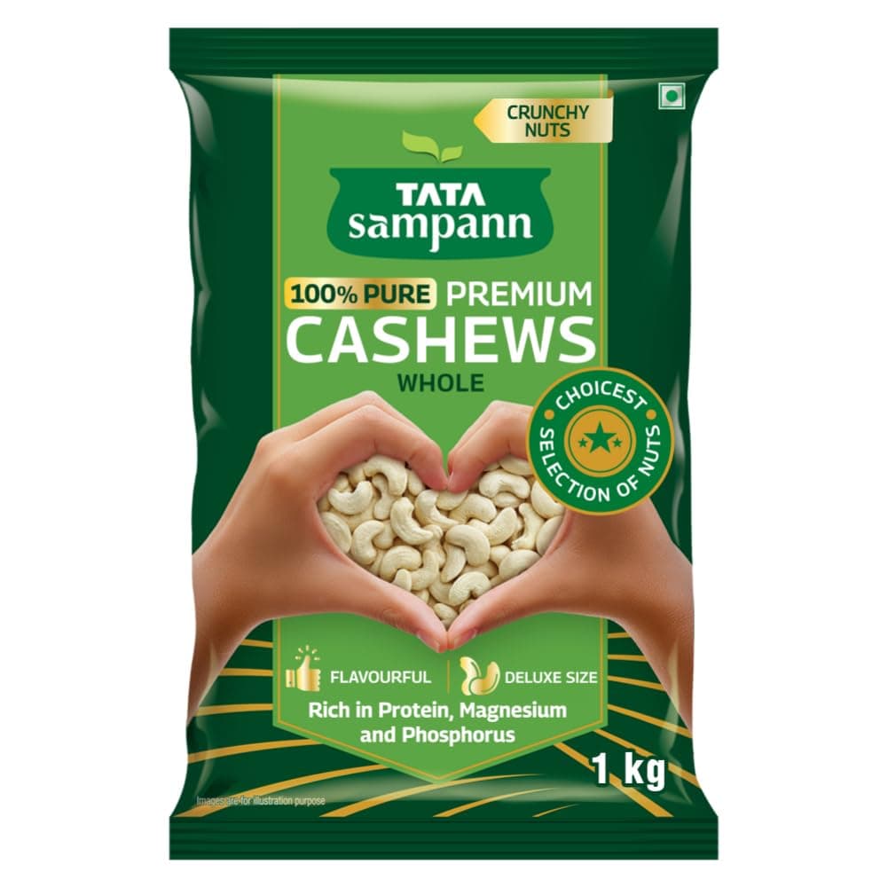 Tata Sampann Pure Cashews Whole, Kaju, 1 Kg, Nutritious & Delicious, Rich In Protein, Magnesium & Phosphorus, Deluxe Size & Crunchy Nuts