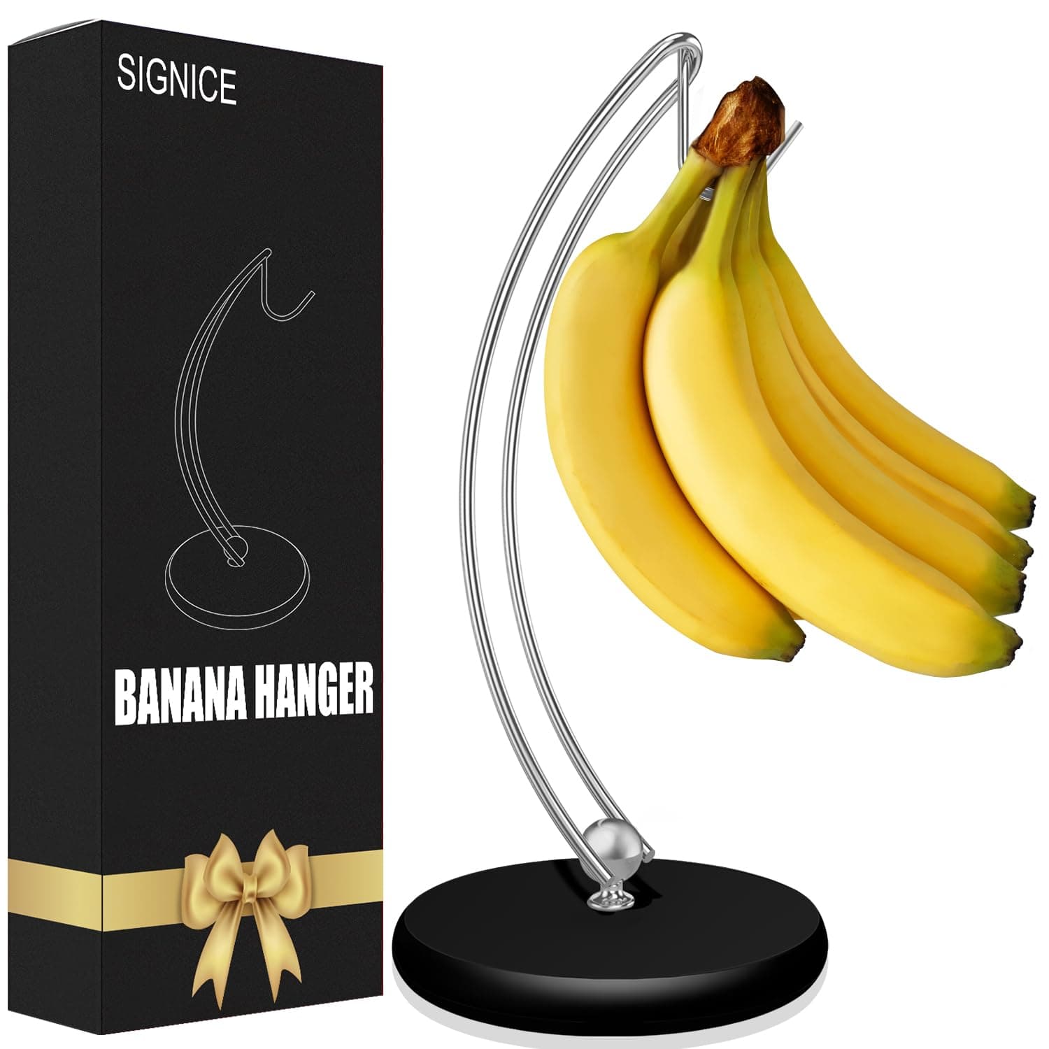 Modern Banana Holder Stand - Patented Tree Hanger with Wood Base Stainless Steel Rack for Home Kitchen Use, Doesn't Tip Over (Black/Silver)