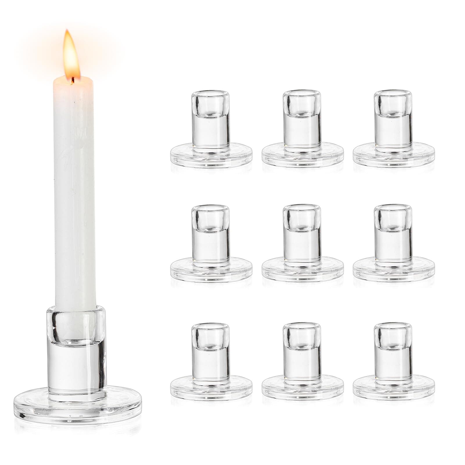 NUPTIO Glass Candle Stick Holder: Set of 10 Clear Small Taper Candlestick Holders for Tapered Candles Bulk Crystal Short Tapers Candlesticks Candleholder for Dining Table Fireplace Mantle Decor