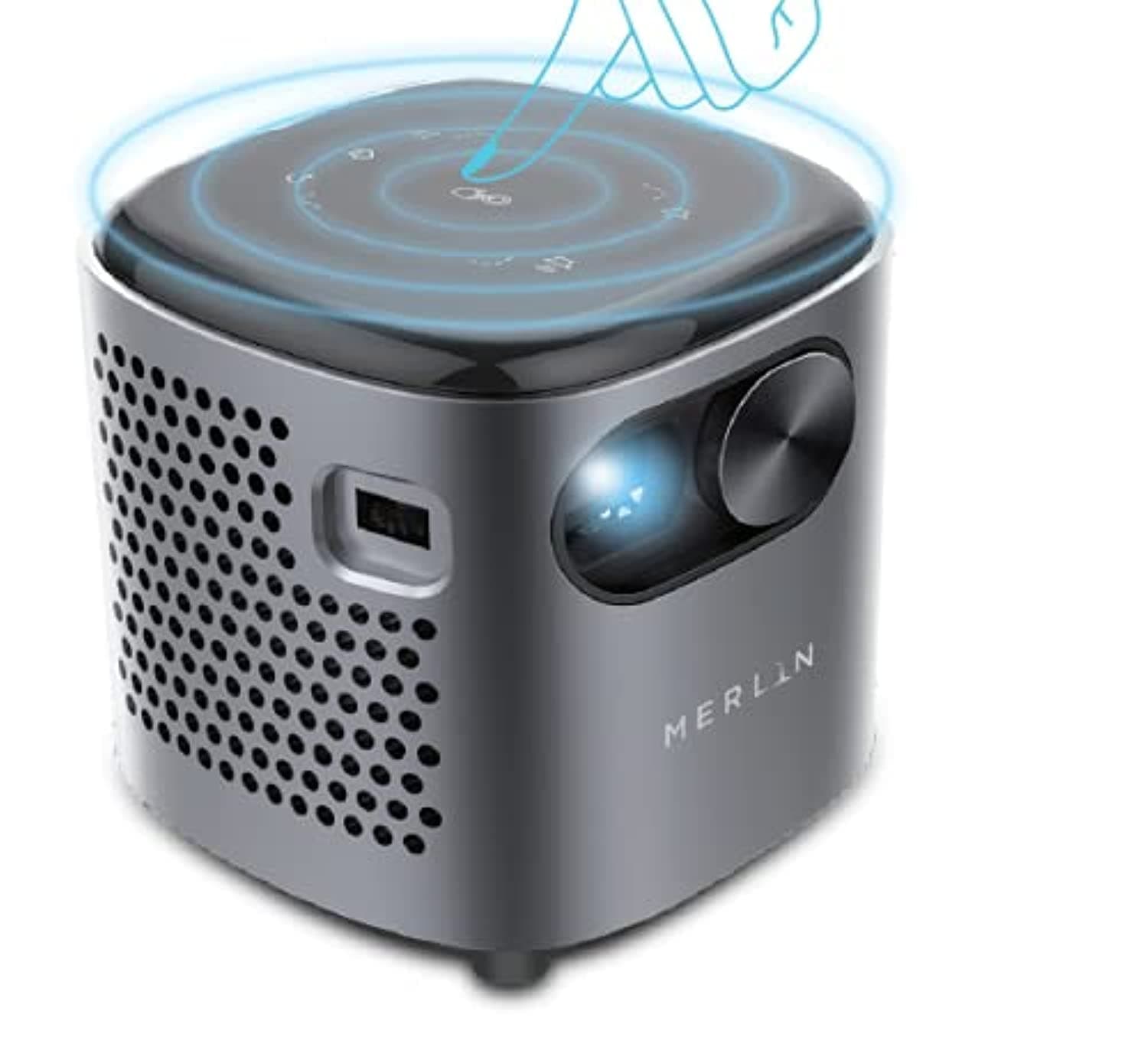 Merlin Cube HD Smart Mini Projector with Android OS, 240” Display, Netflix & YouTube, Auto Keystone Correction, Built-in Battery, Portable Home Theater – Grey