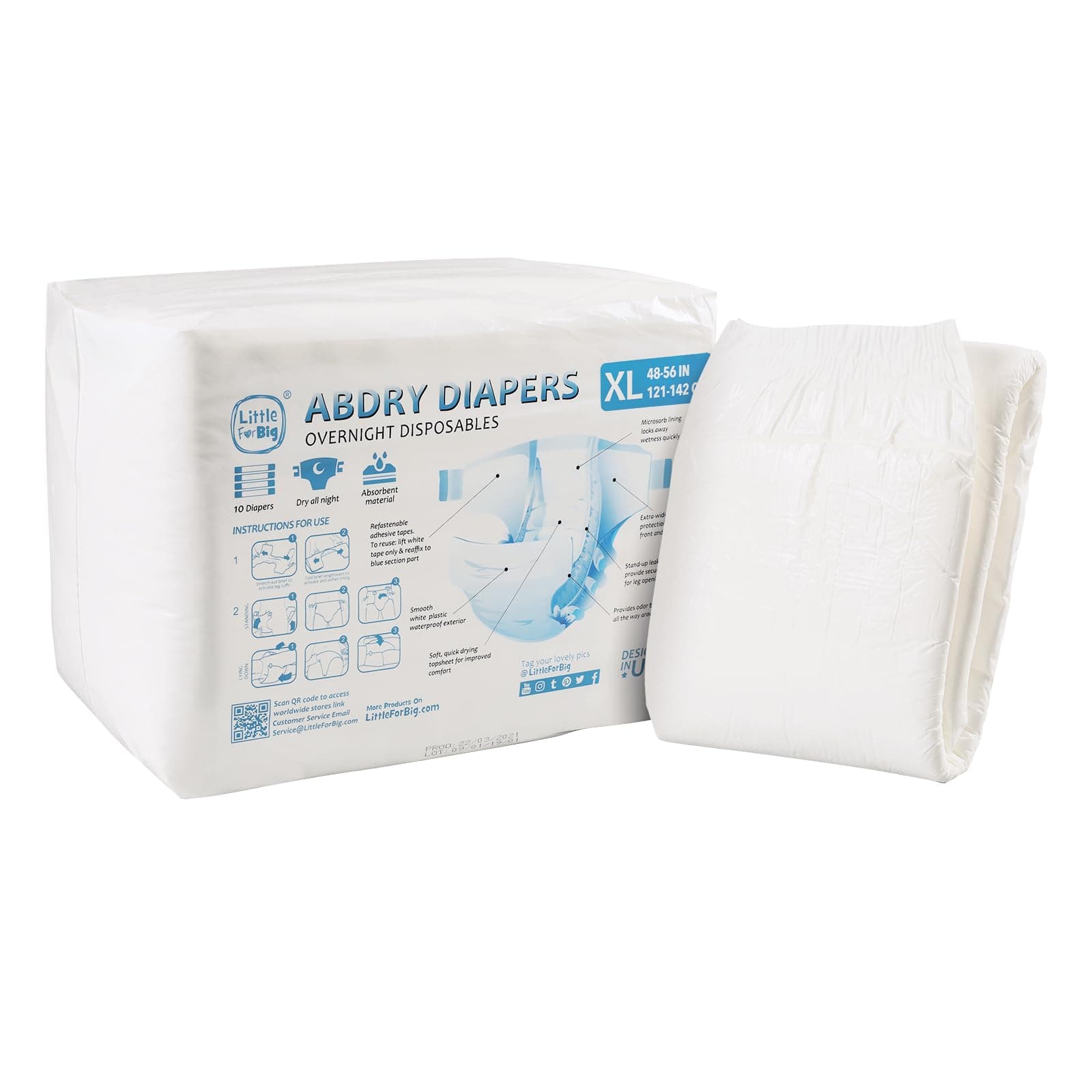 Adult Diaper 10 Pieces - ABDry White Diapers (X-Large 48"-56")